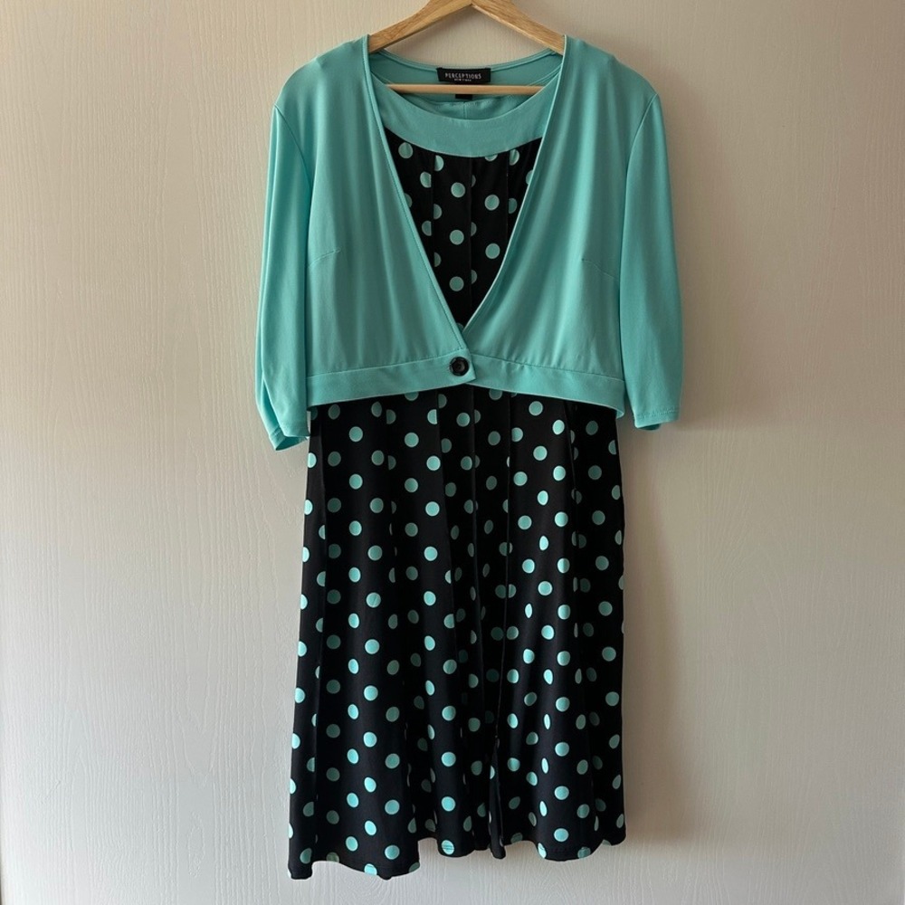 Perceptions New York Retro Pin Up Polka Dot Dress & Shrug Set Aqua Black Medium